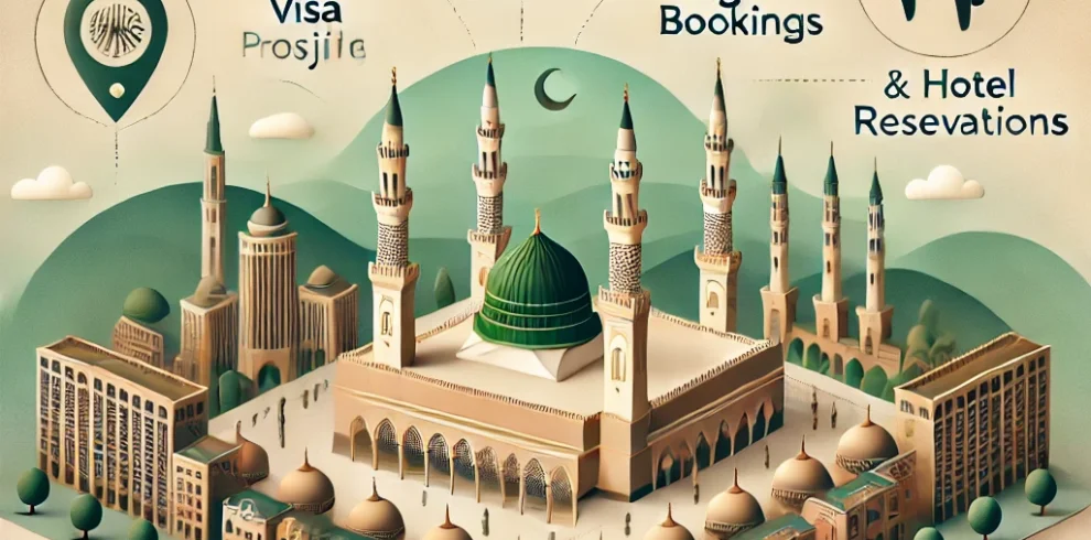 DALL·E 2025-03-04 22.01.57 – A visually appealing travel-themed image representing Madina, Saudi Arabia. The image should showcase the city’s religious significance, featuring the