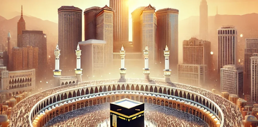 DALL·E 2025-03-04 22.03.11 – A visually appealing travel-themed image representing Makkah, Saudi Arabia. The image should include the iconic Kaaba at the center of the Grand Mosqu